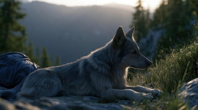 Gray wolf lying on a rocky hillside with a backpack on the left side. the wolf is facing towards the right side of the image and appears to be resting its head on the ground.