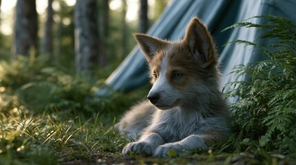 Fototapeta premium Close-up of a young dog lying on the ground in a forest. the dog appears to be a border collie, with brown and white fur and blue eyes.