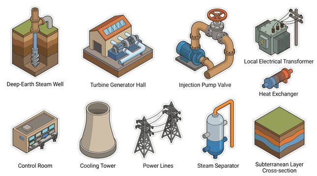 Isometric icons of geothermal power plant components with labels