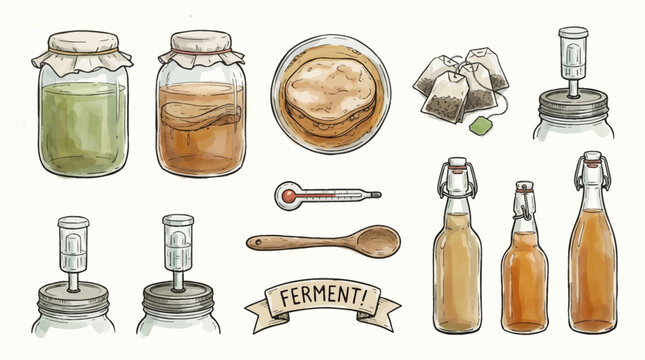 Illustrated components for kombucha fermentation including glass jars SCOBY tea bags airlocks and bottles