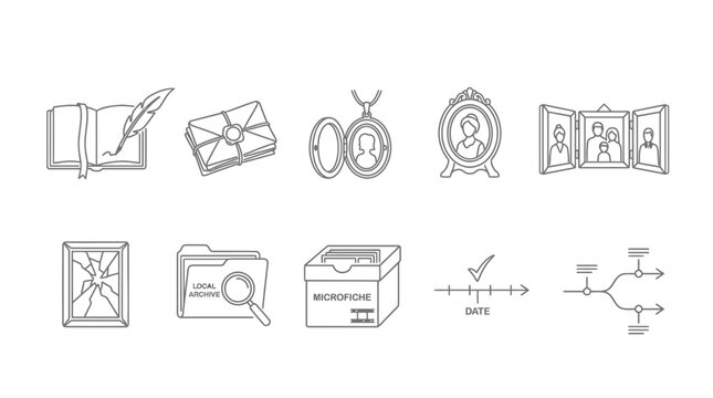 Ten blackandwhite line art icons depicting historical research and genealogy tools arranged in two rows