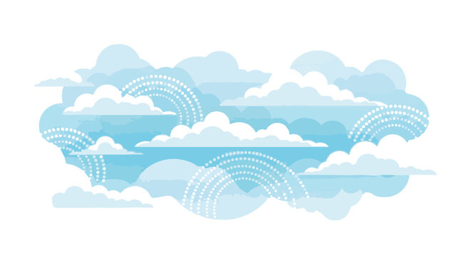 Stylized blue and white cloud illustration with dotted arches. Abstract vector graphic featuring layered cumulus cloud shapes and decorative circle patterns on white background.