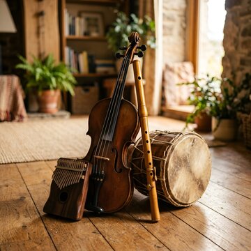 Acoustic Musical Instruments: Violin, Kalimba, Flute, and Drum on Wooden Floor