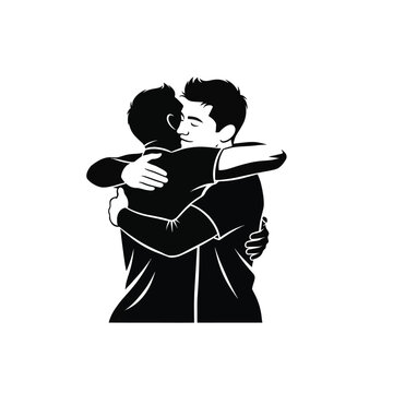 Black and white vector silhouette of two men embracing on white background, illustrating male friendship, fraternal support, and emotional connection between close companions.