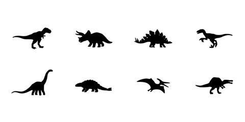 Fototapeta premium Dinosaurs Line Drawings Set, Ten Simple Stylized Icons in Black Ink on White Background Featuring Dinosaur, Cartoon, Icon with Illustration