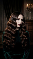 Fototapeta premium Mysterious portrait of woman with voluminous dark wavy hair in emerald velvet gown for luxury evening attire