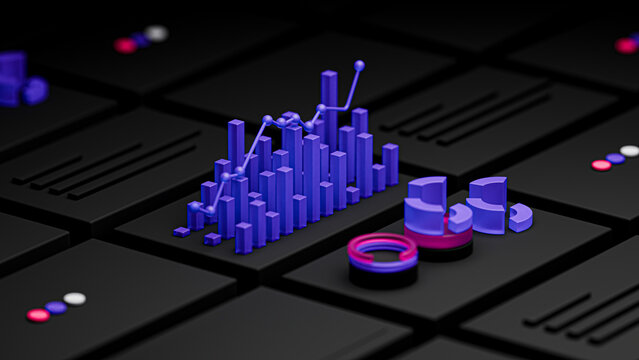 3D Rendered Purple Bar Charts and Pie Graphs on Dark Grid Background Representing Financial Analytics Data Visualization and Corporate Business Growth Strategy Concept for Professional Presentations