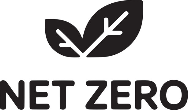 Simple black vector graphic illustration featuring a minimalist leaf icon and bold typography representing the concept of net zero emissions