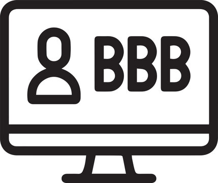 Minimalist black and white vector illustration of a computer monitor displaying a user profile icon with text bbb symbol