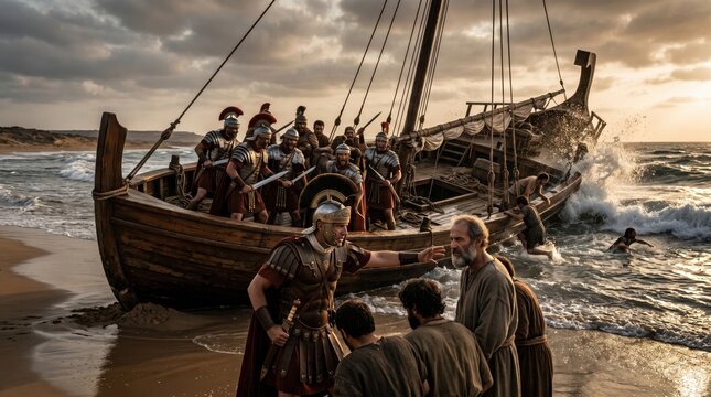Roman centurion protecting apostle Paul during biblical shipwreck on shore. Men escaping sinking wooden ship on beach after storm. Historical religious scene from Acts of the Apostles.
