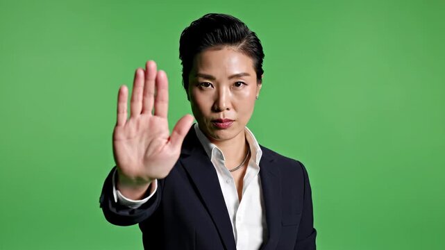 Woman in business suit holding hand up in stop gesture against green screen background with subtle camera zoom