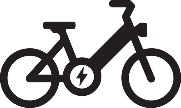 Minimalist black vector graphic illustration of an electric bicycle showing a bold lightning bolt symbol on the central motor frame