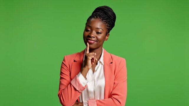 Young Black Woman in Coral Blazer thinking and gesturing with subtle smile against green screen backdrop