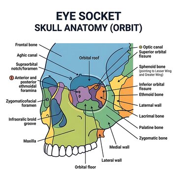 Detailed anatomical diagram of human eye socket skull.