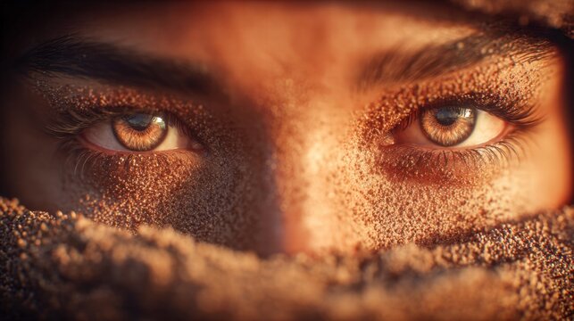 Intimate portrait of eyes, dusted with sand, conveying a sense of intrigue and mystery.