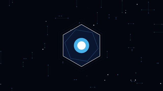 Futuristic hexagon hud interface with digital data particles and glowing blue core animation