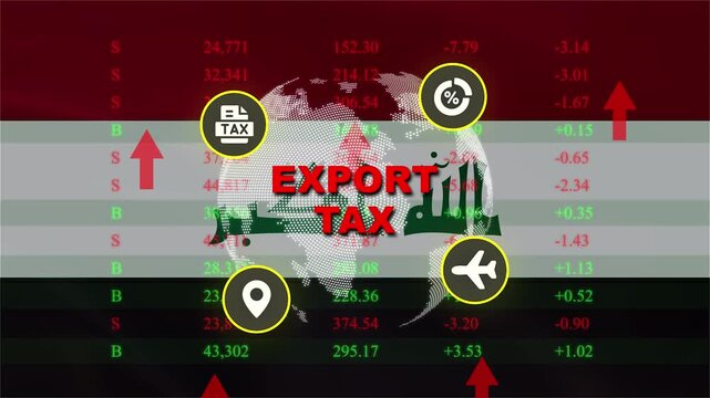 Export Tax Concept: A visual representation of export tax, featuring the flag of Iraq superimposed on stock market data, symbolizing economic impact and trade.