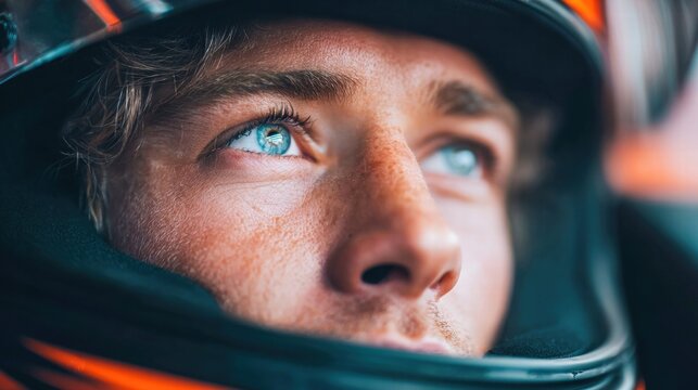 Close-up of a race car driver's focused gaze