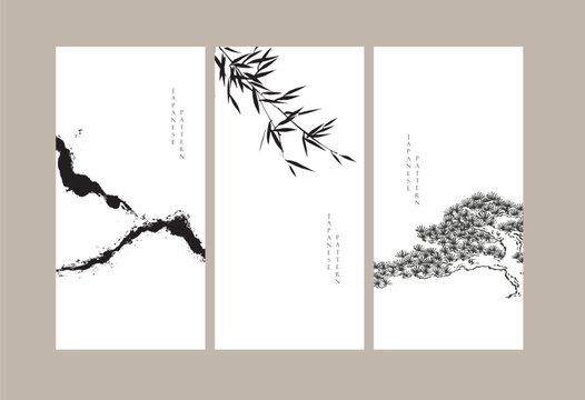 	
vector illustration of a abstract brush stroke mountain, silhouette of a bonsai tree with Chinese painting.	
