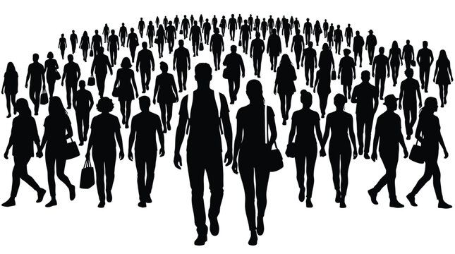 Detailed black silhouette vector illustration showing a large crowd of people walking together in unison