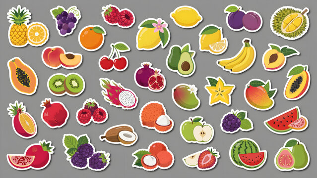 Collection of various colorful fresh tropical and garden fruit stickers