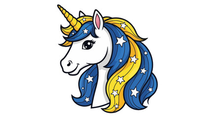 Majestic unicorn head with blue and yellow starry mane © Didit