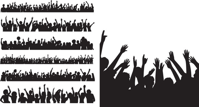 Silhouetted Crowd, Cheering with Hands Raised at Concert or Festival