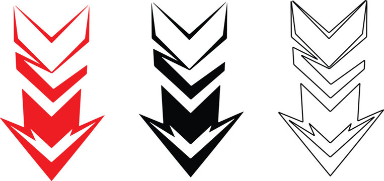 Three stylized chevron arrow icons pointing downwards in red black and outline versions