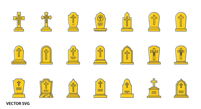 Gravestone and headstone icons with christian crosses in yellow