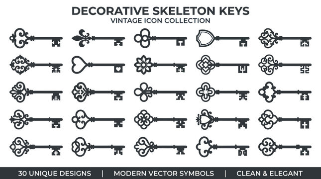 Ornate vintage skeleton key icon set in black silhouette