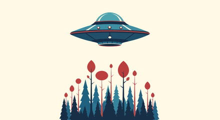 Retro ufo spacecraft hovering over a stylized minimalist forest © Didit