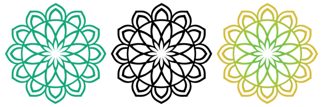 Set of three flower of life mandala designs in green black and yellow gradient