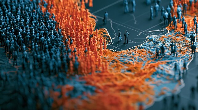 Miniature human figures stand on a detailed map to represent complex population density data with blue and orange color contrast