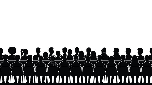 Detailed black vector illustration showing a large crowd of people sitting in a theater auditorium