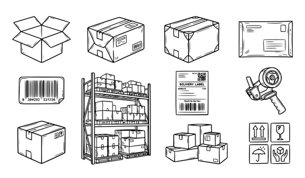 Hand Drawn Packaging and Parcel Outline Icon Collection with Cardboard Box Delivery Shipping and Warehouse Symbols Editable Vector Set