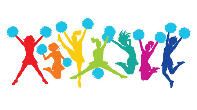 A vibrant colorful vector illustration showing a group of cheerful jumping cheerleaders holding blue pompons