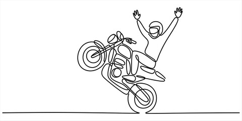 Naklejka premium Motorcycle rider doing a wheelie with arms raised in celebration, continuous line art Vector, illustration