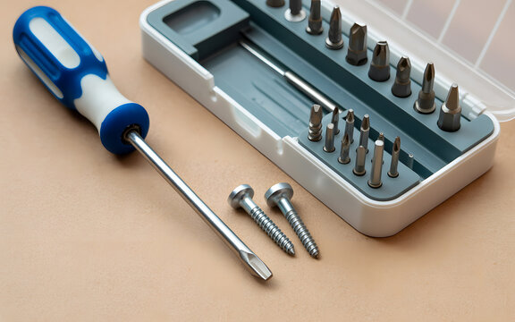 A screwdriver and screws on a workbench with a toolbox in the background