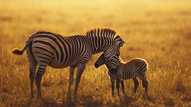 Zebra and foal in sunlit savanna at golden hour. Mother's Day, Mothering Sunday, Dia de la Madre - Global Maternal Celebration, Worldwide Family Holiday