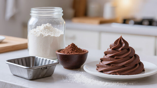 Mini lava cake batter piped on a plate next to a jar of flour, cocoa powder, and a baking mold on a kitchen counter, representing the professional pastry preparation