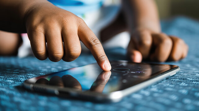 Child's hand interacting with a smartphone screen displaying colorful icons on a textured blue surface, showcasing technology use in a domestic setting