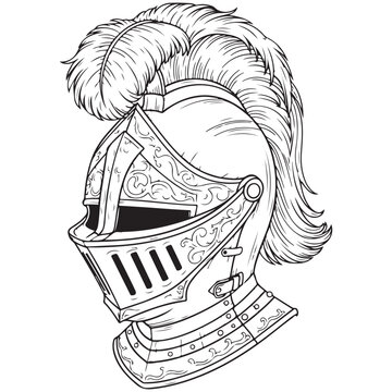 Medieval knight helmet vector illustration with decorative plume and ornate engravings for historical or fantasy design