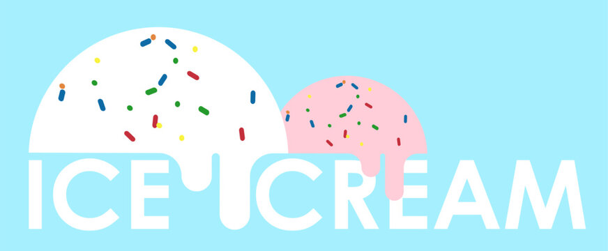 Balls of melted ice cream as a topping lying on the ice cream inscription on a cold blue background. 3D vector blue ice cream background