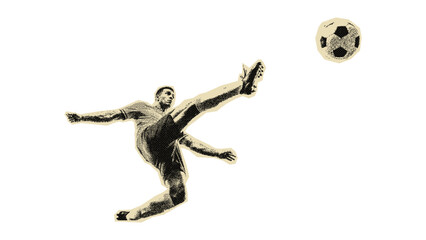 Football Player Volley Kick Halftone Effect Sticker Vector, Retro Sepia Soccer Athlete Action Grunge Texture Illustration on Transparent Background © VectorBank
