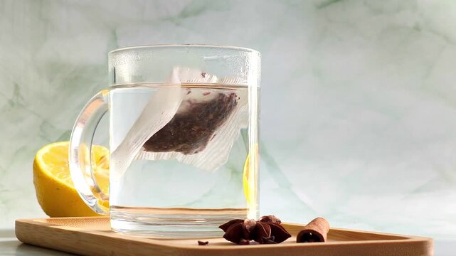 Hand dropping tea bag into clear glass cup with boiling water, dramatic steam and red herbal color infusion swirl close up.