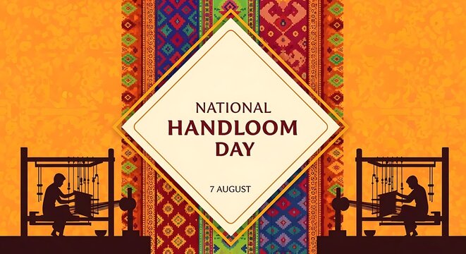 National handloom day celebration poster with traditional indian textile patterns and silhouette of weavers
