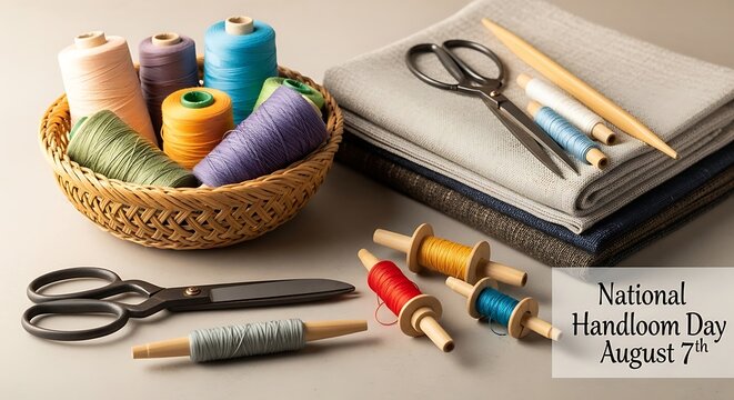 National handloom day celebration with sewing tools, colorful thread spools, fabric, and scissors