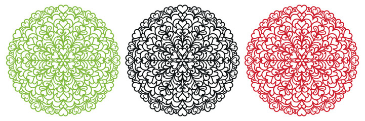 Circular floral lace patterns in green black and red vector illustration © MdTariqul