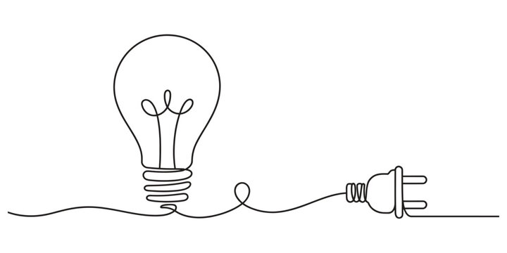 Continuous single line drawing of light bulb and electric plug