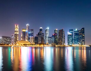 Obraz premium A city skyline at dusk with colorful lights reflecting on water (2)